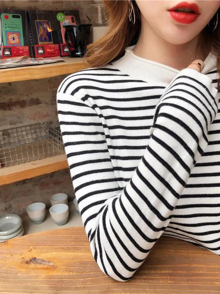 Women Striped Mock Neck Long Sleeve Ribbed Knit Pullover Sweater - Image 20