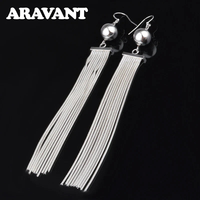 Aravant 925 Silver Bead Long Drop Earring For Women Fashion Wedding Jewelry
