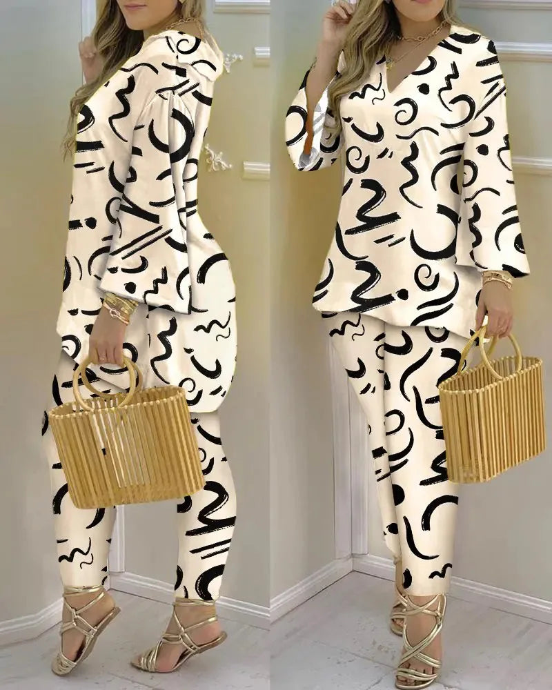 Women Printed V-Neck Long Sleeve Top and Pant Two Piece Set - Image 7
