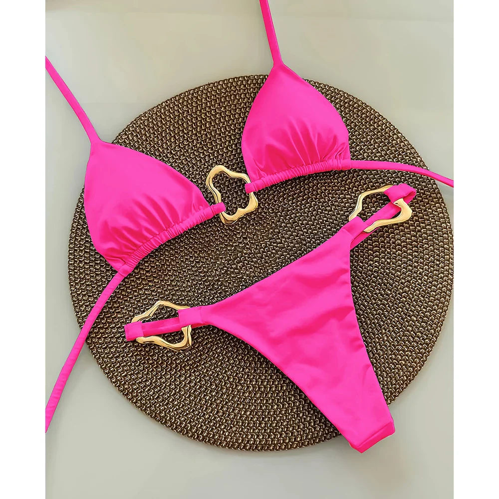 Women's Micro Halter Bikini Set with Gold Tone Ring Details - Image 5