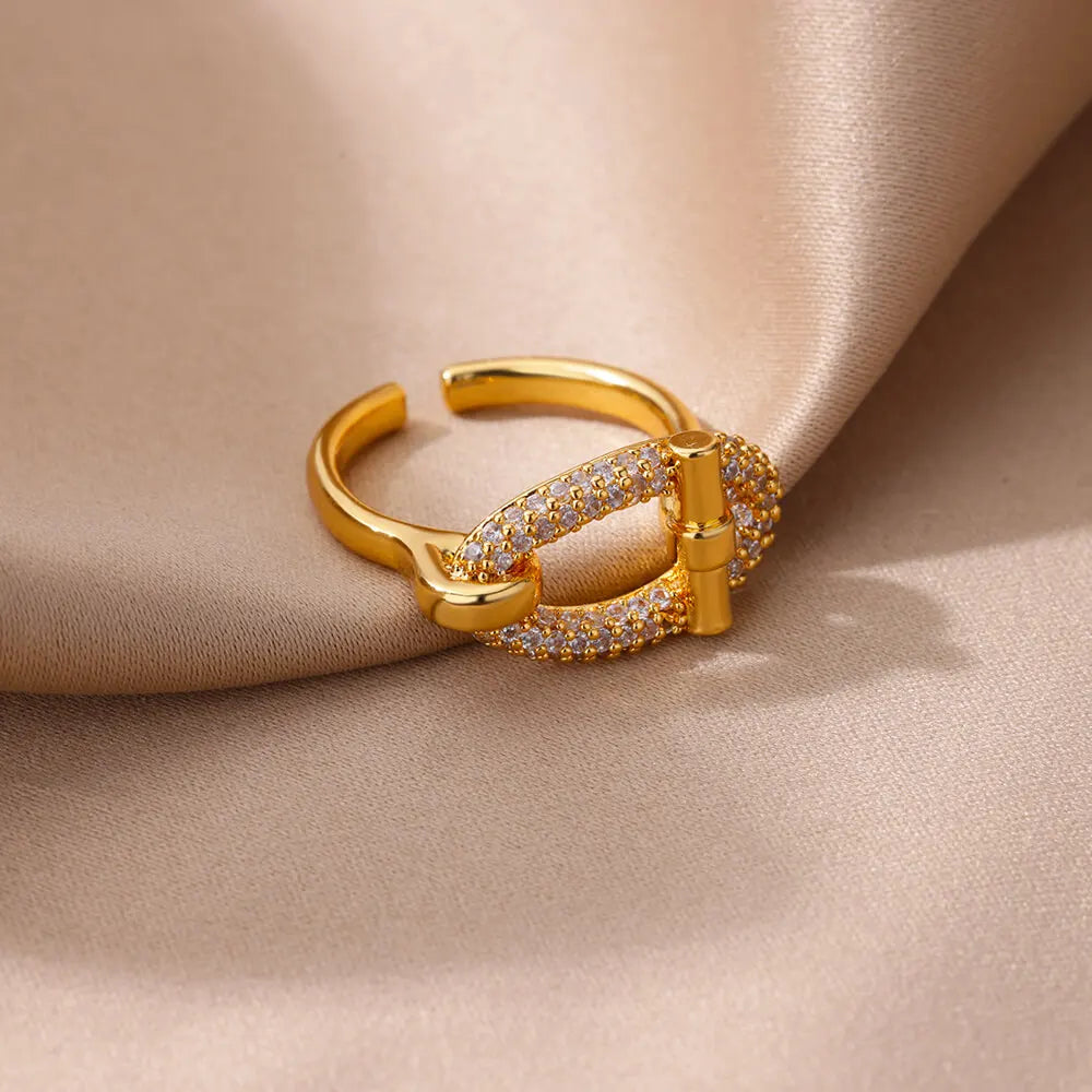 Stainless Steel Oval Hollow Zircon Open Rings For Women Gold Color Trendy Wedding Aesthetic Ring Summer Jewelry Accessories BFF