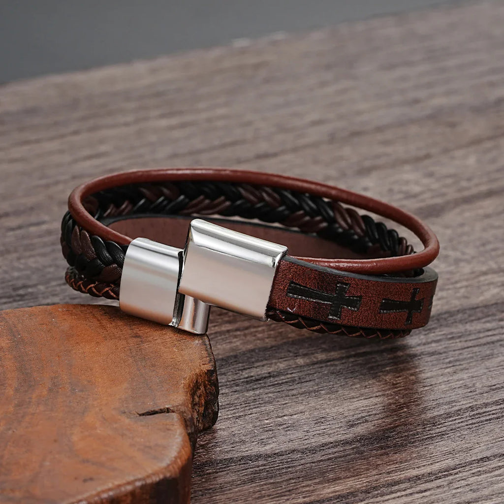Fashion Cross Leather Rope Bracelet for Men Vintage Woven Leather Bracelet Punk Metal Magnet Buckle Personality Bracelet Jewelry