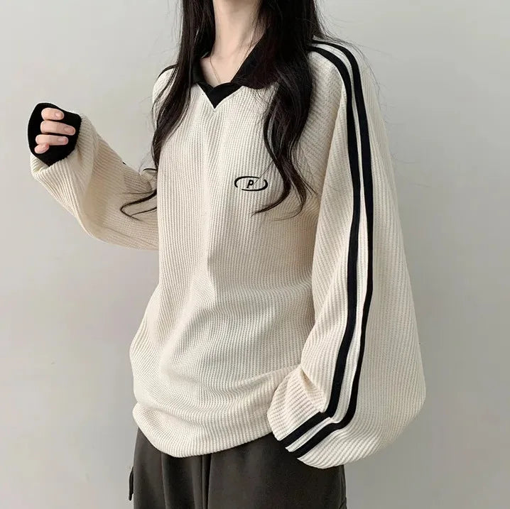 Women Long Sleeve Polo Pullover Sweater Striped Casual Top - Image 8