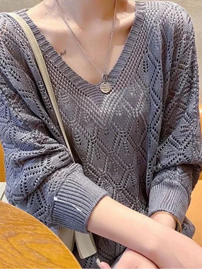 Women's V-Neck Crochet Hollow Knit Pullover Sweater Long Sleeve - Image 6