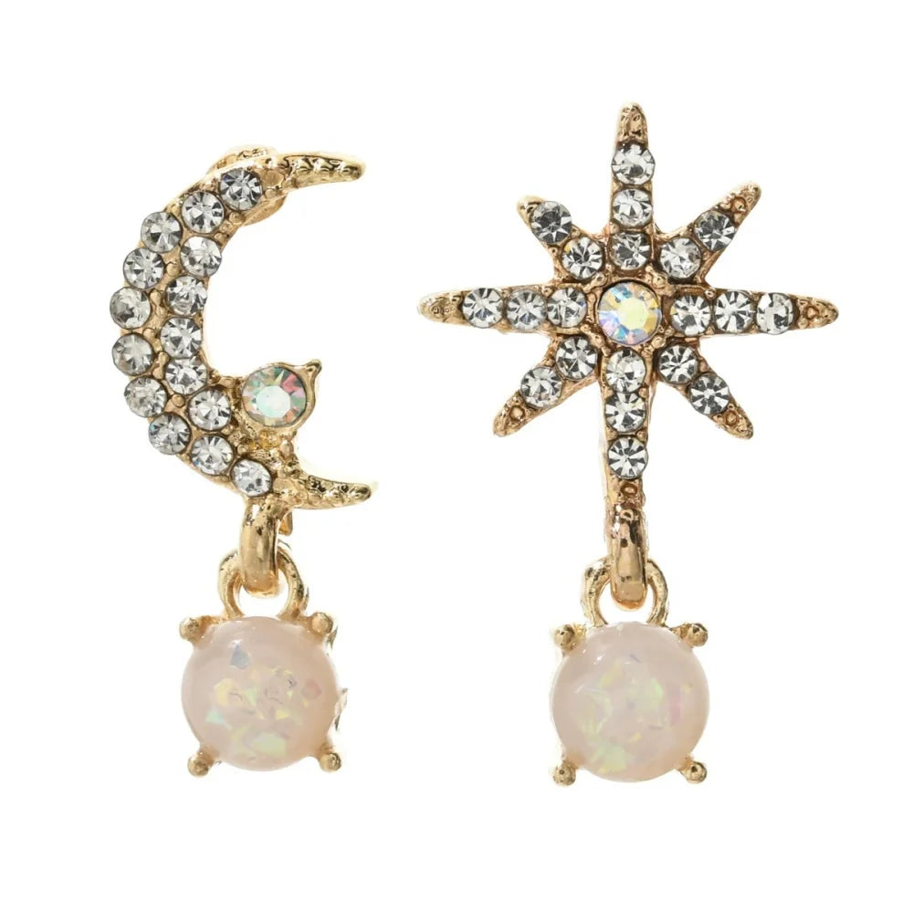 Golden Asymmetrical Zircon Moon Star Earrings for Women Retro Personalized Fashionable Versatile Accessory Gift