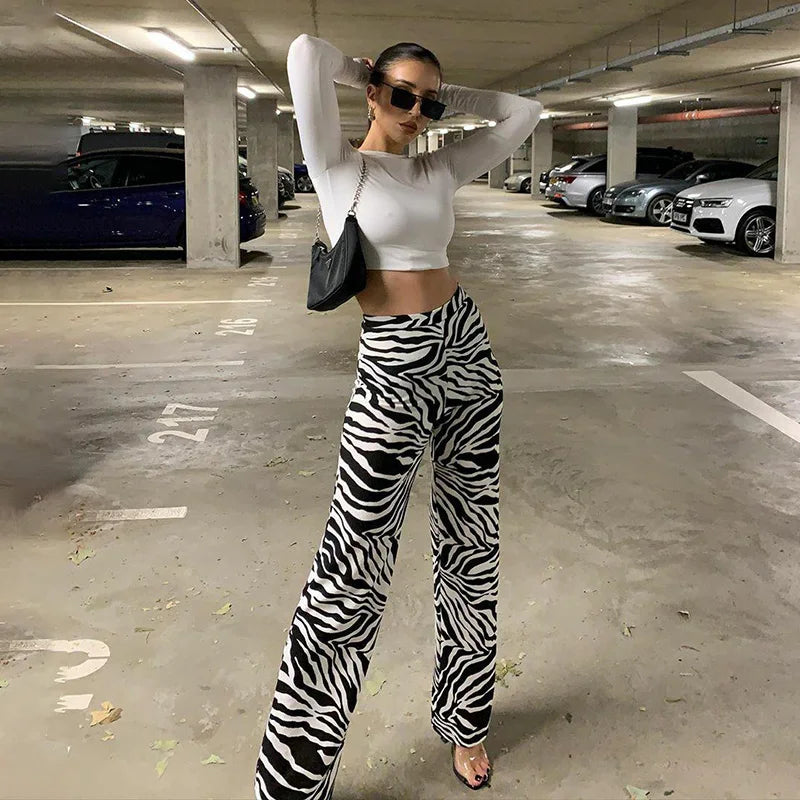 Women's Zebra Print High Waist Wide Leg Pants Casual Trousers - Image 4