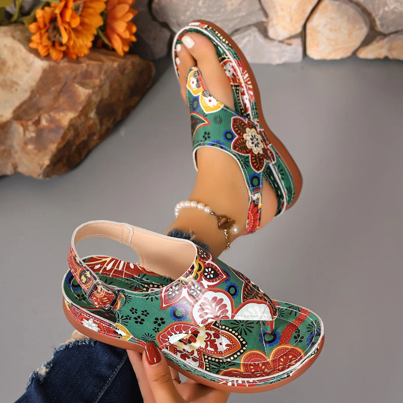 Women's Floral Wedge Sandals Comfortable Casual Outdoor Thong Shoes - Image 12