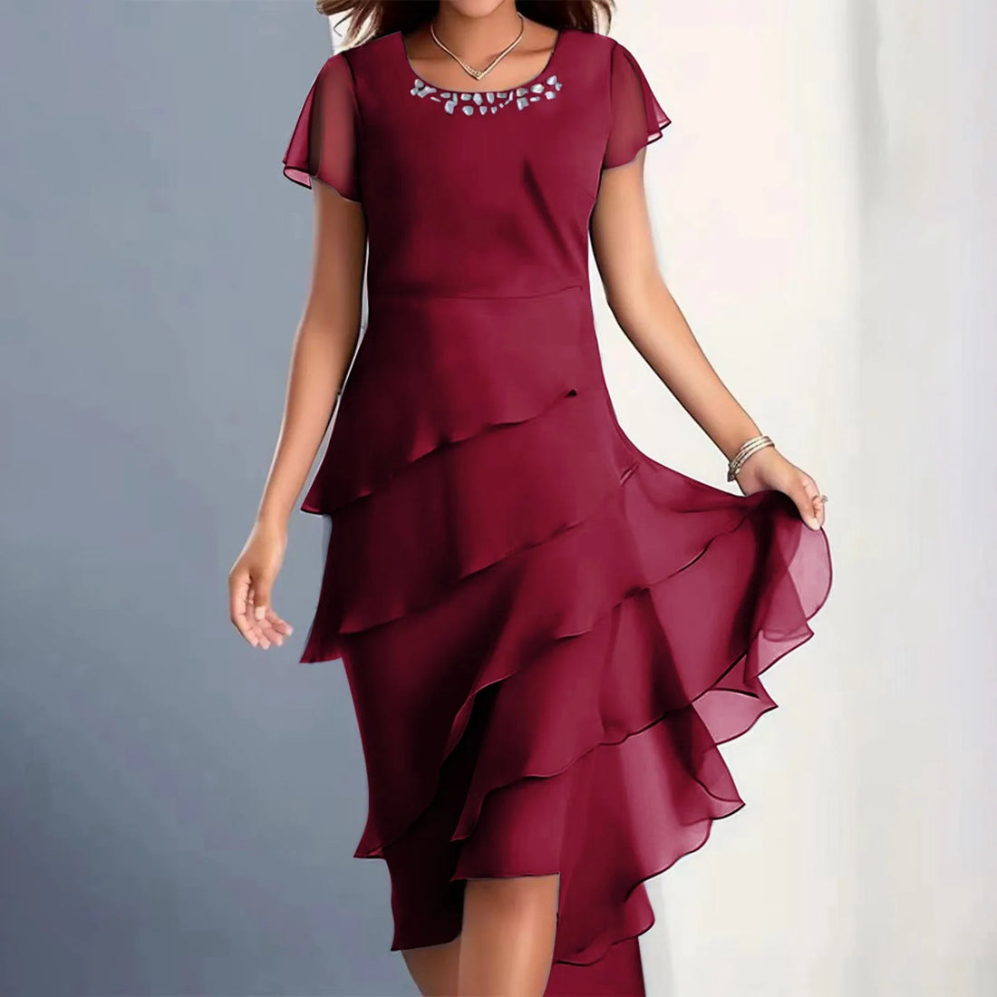 Women's Round Neck Chiffon Layered Midi Dress in Dusty Blue - Image 3