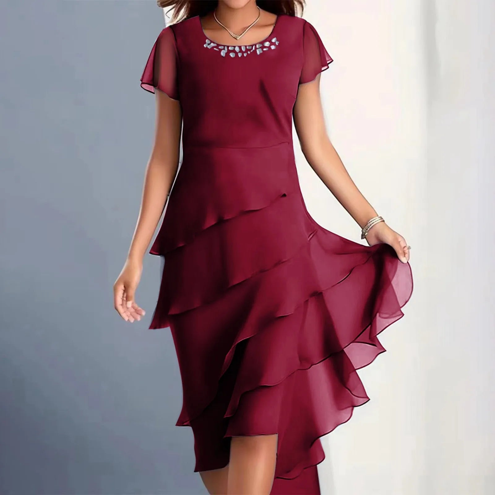 Women's Round Neck Chiffon Layered Midi Dress in Dusty Blue - Image 3