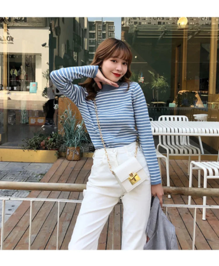 Women Striped Mock Neck Long Sleeve Ribbed Knit Pullover Sweater - Image 16
