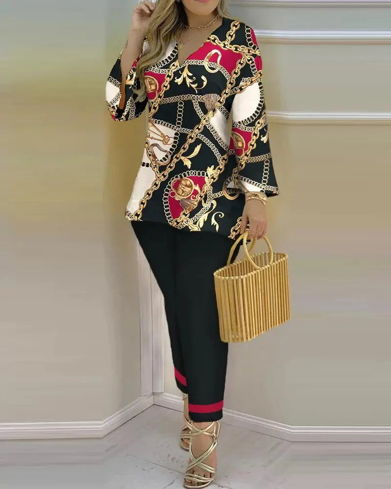 Women Printed V-Neck Long Sleeve Top and Pant Two Piece Set - Image 23
