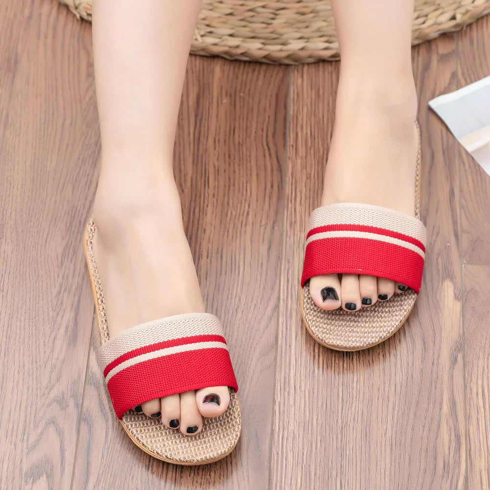 Women's Casual Flat Hemp Slippers with Green Striped Strap - Image 3