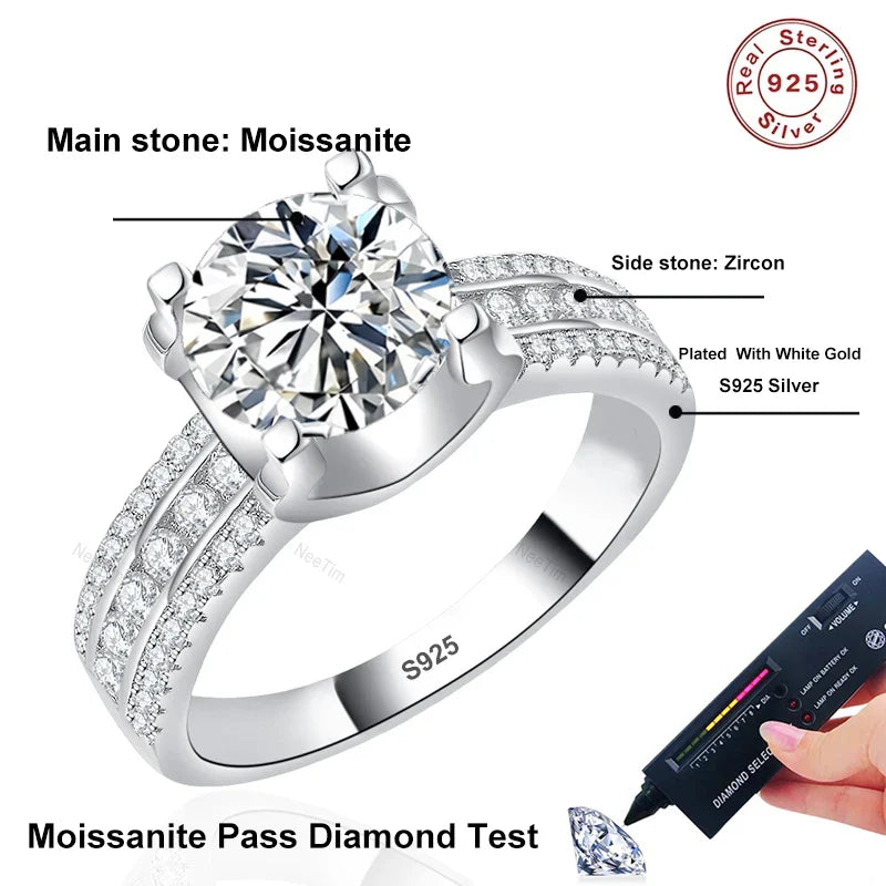 NeeTim 2ct 3ct 5ct D VVS1 Moissanite Wedding Ring For Women 925 Sterling Silver Band Lab Diamond Bands Engagement Rings