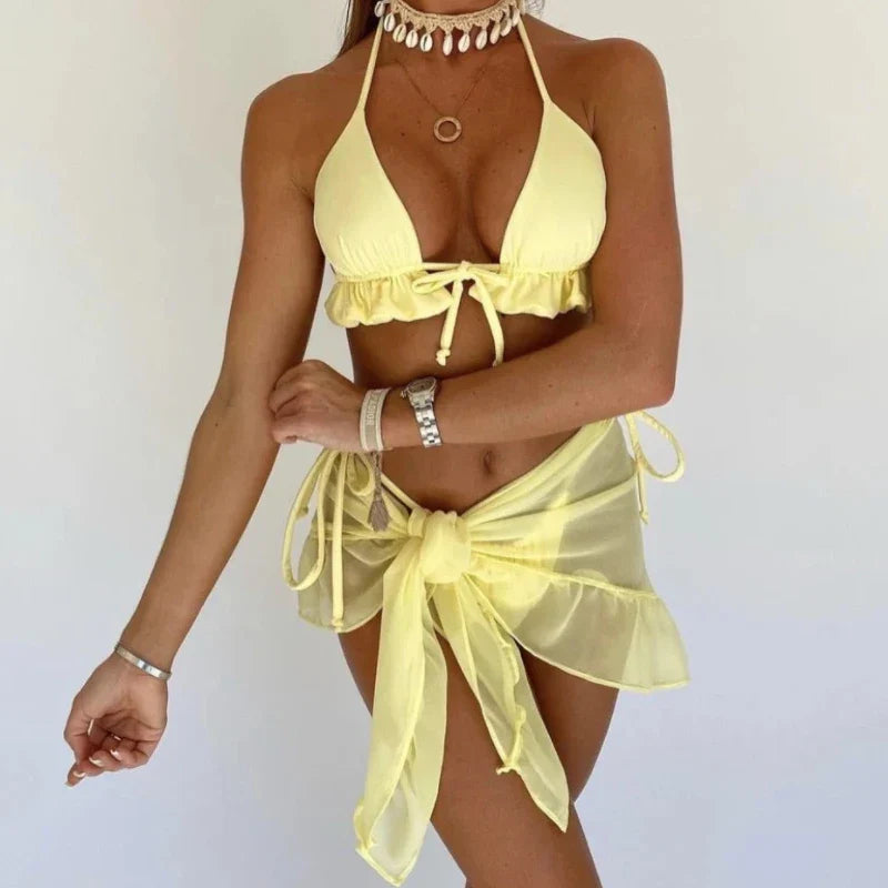 Women Halter Ruffle Three Piece Bikini Swimsuit Set - Image 3
