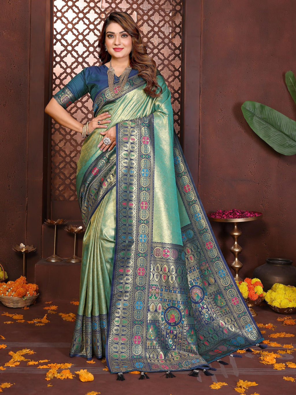 Sea Green Tissue Silk Saree featuring fine weaving