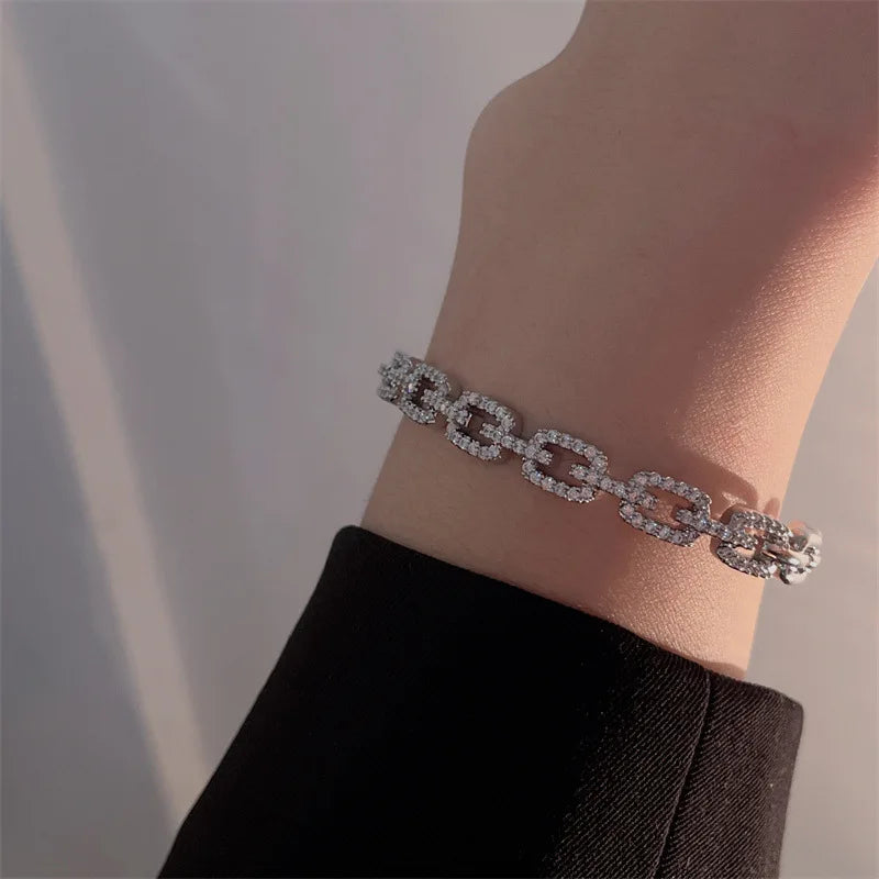 Yupsk Shiny Zircon Hollow Rectangle Link Cuff Bangle Bracelet for Women Luxury Wedding Party Jewelry Women's Gift