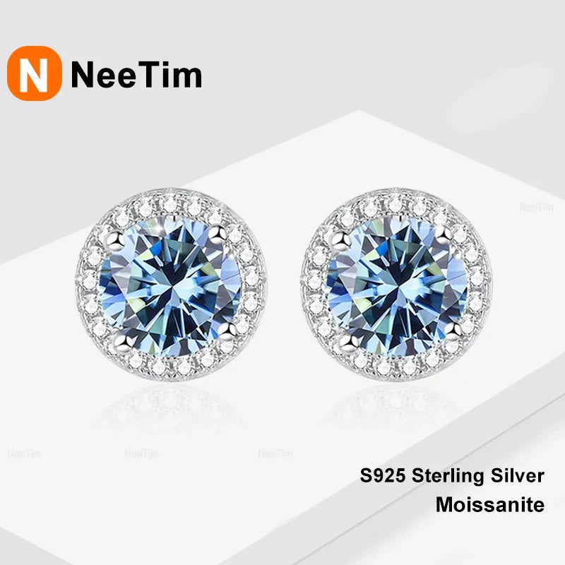 NeeTim Moissanite Stud Earrings for Women 925 Sterling Silver Green Blue Pink Red Black Blue Sparkling Moissanite Studs Earring