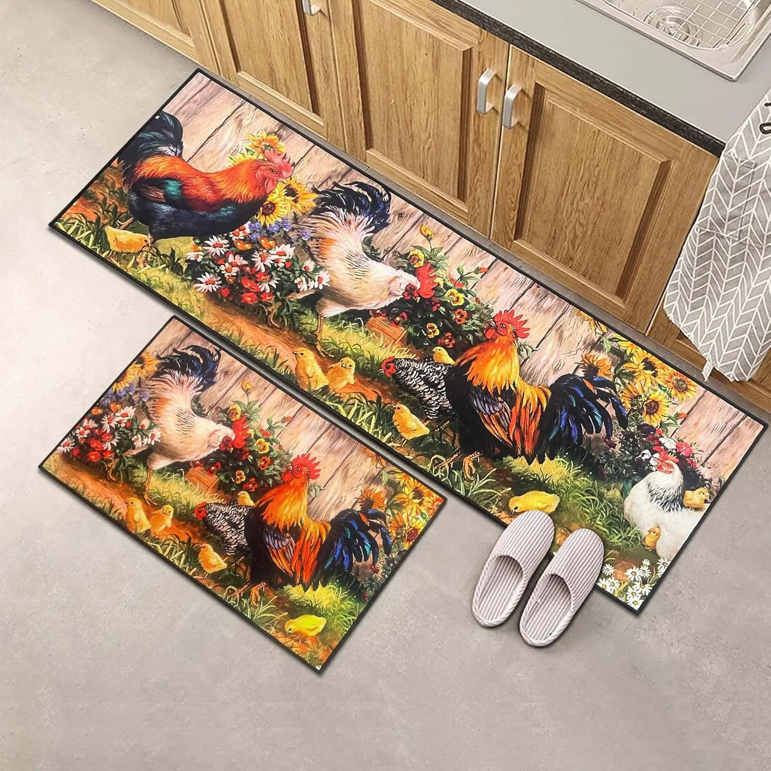 VIKAMA 1/2 pcs Rooster Kitchen Rug Home Decor, Rustic Farmhouse Style Decorative Kitchen Mat, Non-slip Corridor Foot Mat