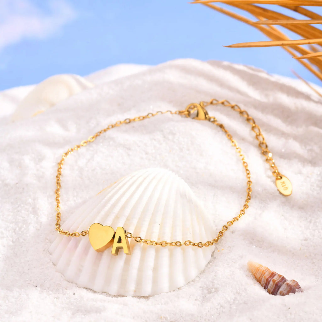 Women Heart Initial Stainless Steel Personalized Anklet Bracelets