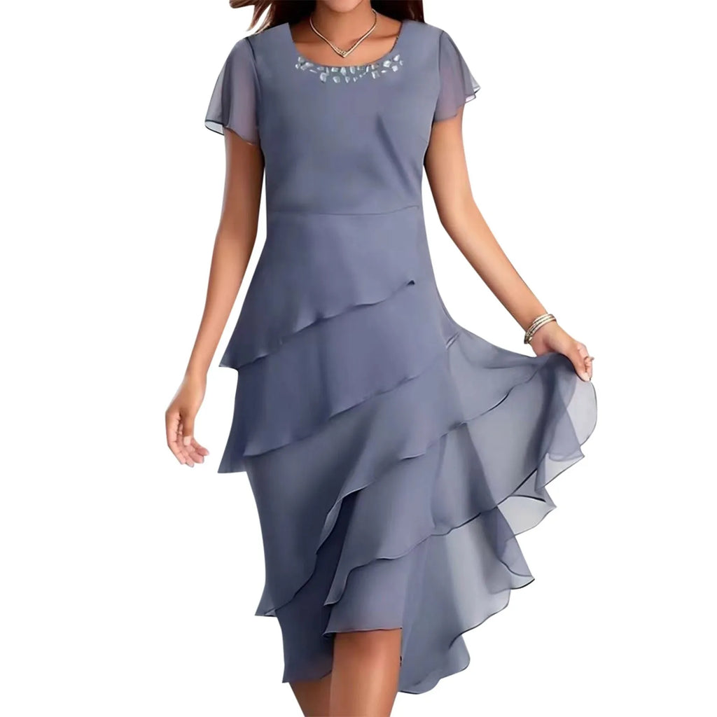 Women's Round Neck Chiffon Layered Midi Dress in Dusty Blue - Image 2