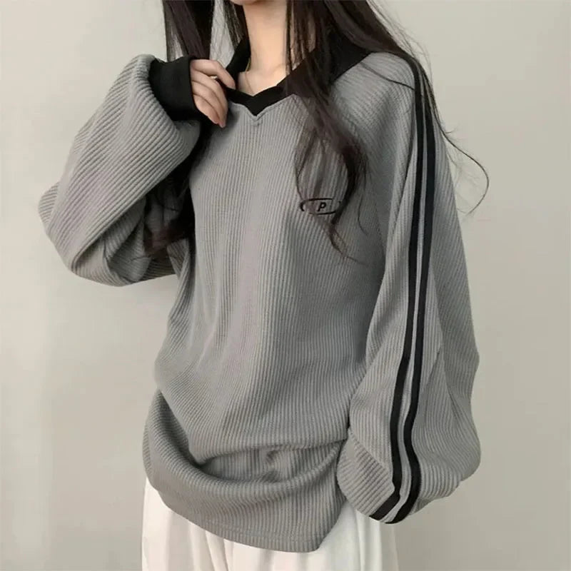 Women Long Sleeve Polo Pullover Sweater Striped Casual Top - Image 3