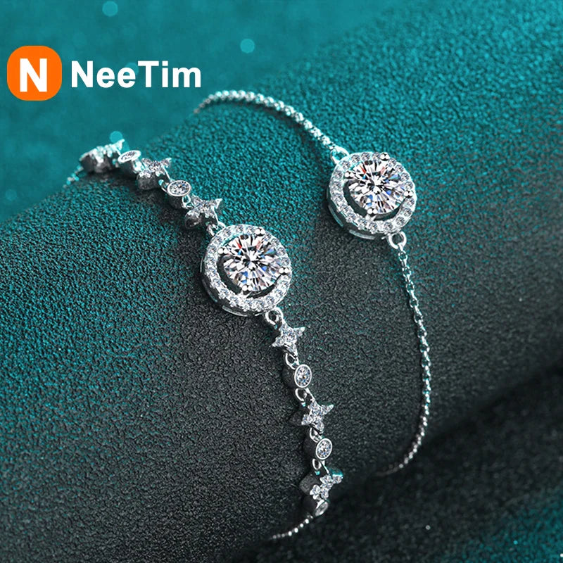 NeeTim 1ct 6.5mm Moissanite Bracelet for Women 925 Silver Sterling with 18k Gold Plated Luxury Wedding Party Bracelets Wholesale