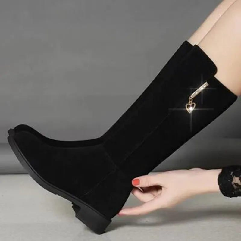 Women's Black Mid-Calf Winter Boots with Heart Zipper Detail - Image 4