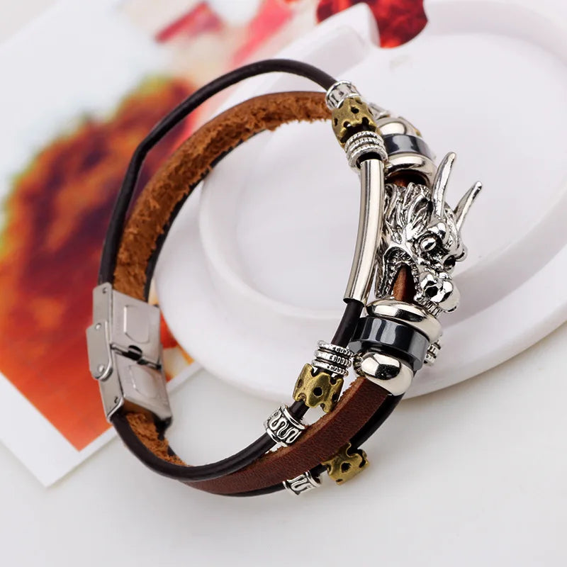 Trend Personalized Jewelry Handmade Leather Dragon Bracelet Men Vintage Multilayer Bracelets Bangles Cuff Bracelet Pulsera