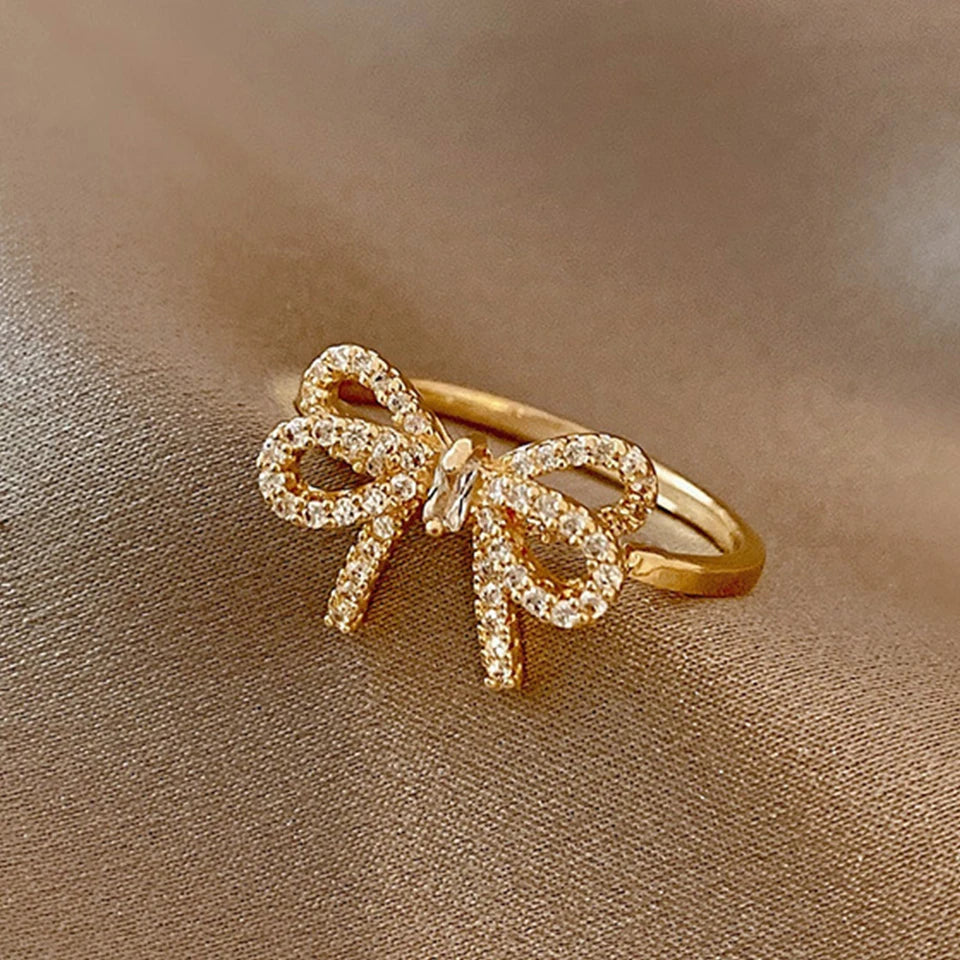 Yupsk Korean Fashion Micropaved Crystal Zirconia Bow Ring for Women Girls Exquisite Ins Trendy Minimalist Finger Rings Jewelry
