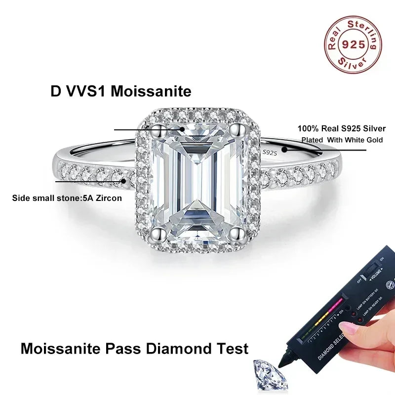 NeeTim 1ct 2ct Moissanite Ring for Women Emerald Radiant Cut Lab Diamond Rings Sterling Silver 925 with Gold Plated Wedding Band