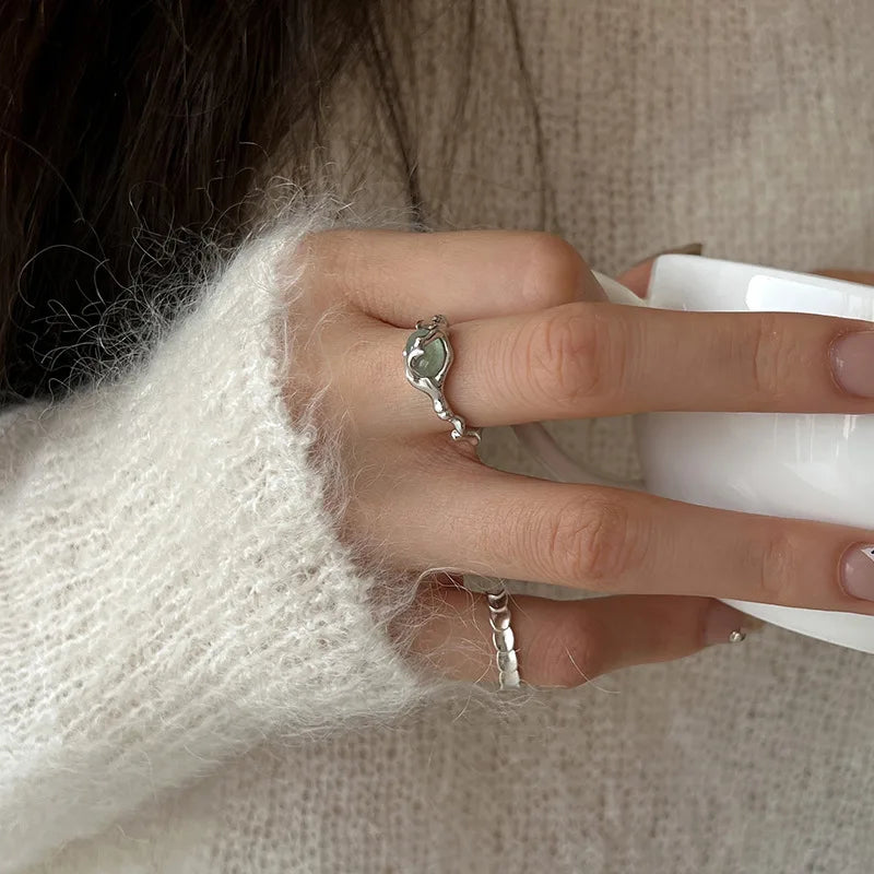 925 Sterling Silver plated Liquid Lava Hetian Jade Bamboo Ring for Women Girl Gift Irregular Vintage Jewelry Dropshipping