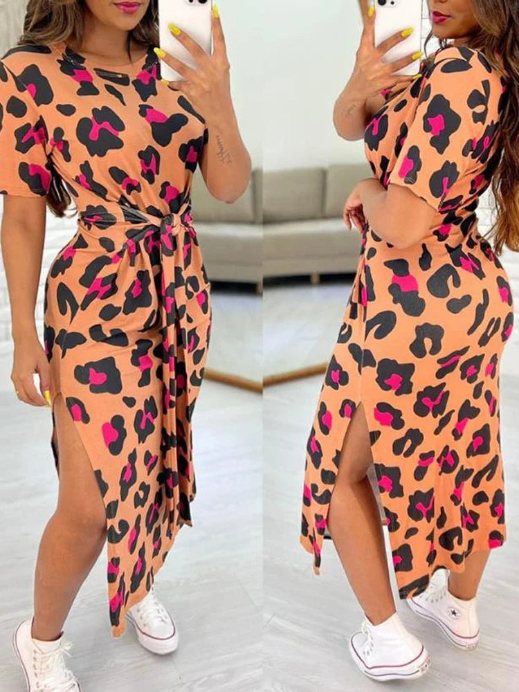 Women's Leopard Print Midi Dress with Side Slit and Tie Waist - Image 5