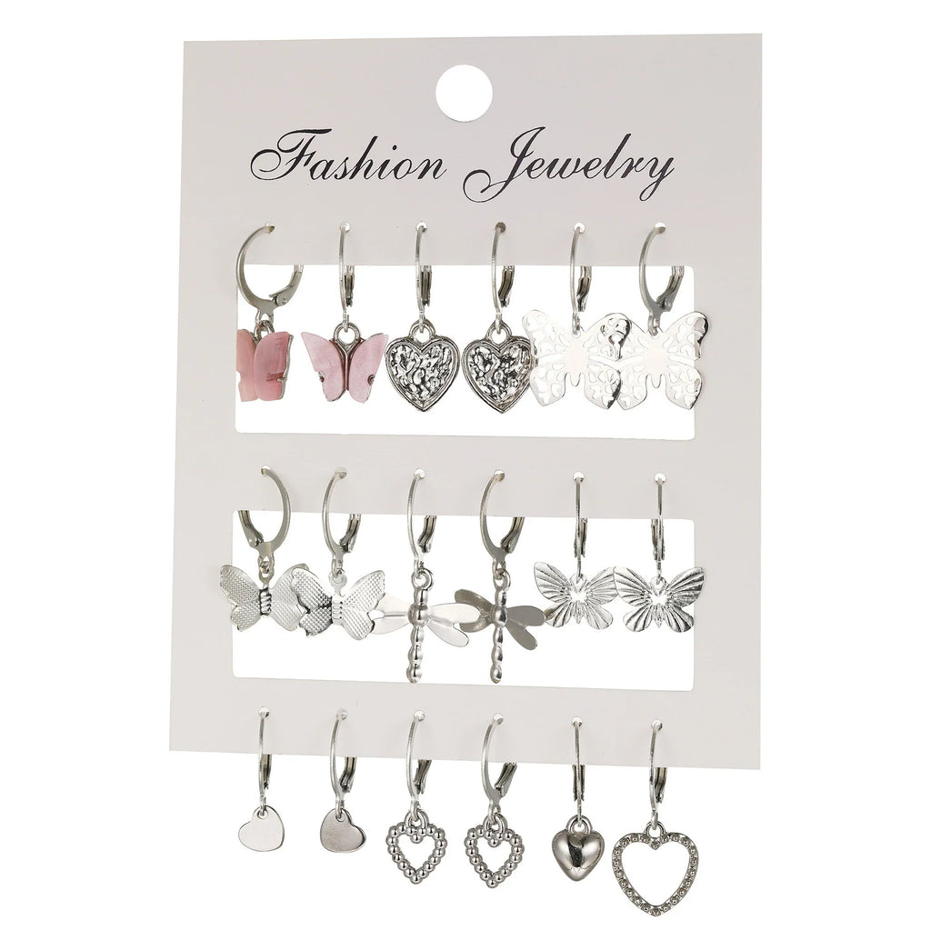 9 Pcs Cute Butterfly Heart Drop Earrings Set Fashion Gold Silver Color Girls Geometric Metal Acrylic Earrings 2024 Jewelry Gifts