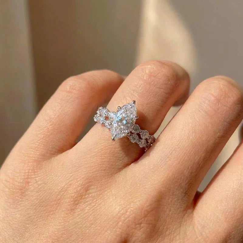 925 Sterling Silver New Fashion Design Marquise Cubic Zirconia Set Rings for Women Modern Trend Bridal Wedding Sparkling Jewelry