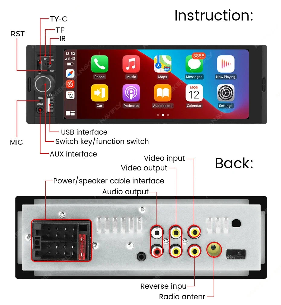 1-DIN Car Stereo with 6.86" Touch Screen – Wireless CarPlay & Android Auto
