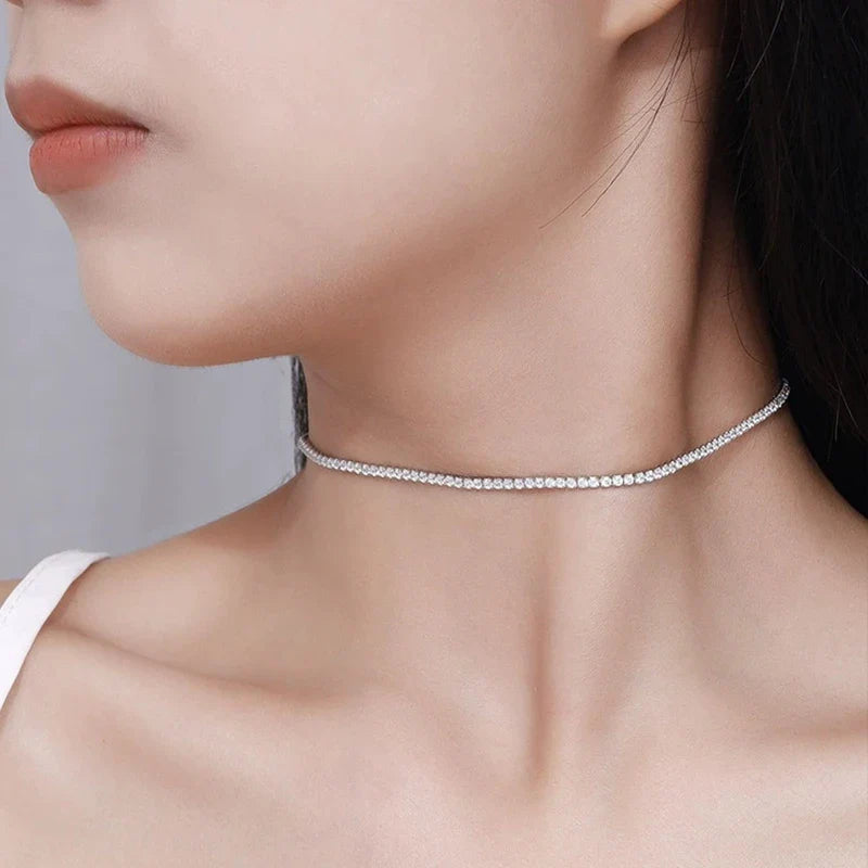 NeeTim 2mm D Color All Moissanite Tennis Necklace for Women Adjustable Choker Chain 925 Sterling Silver with Gold Plated Jewelry