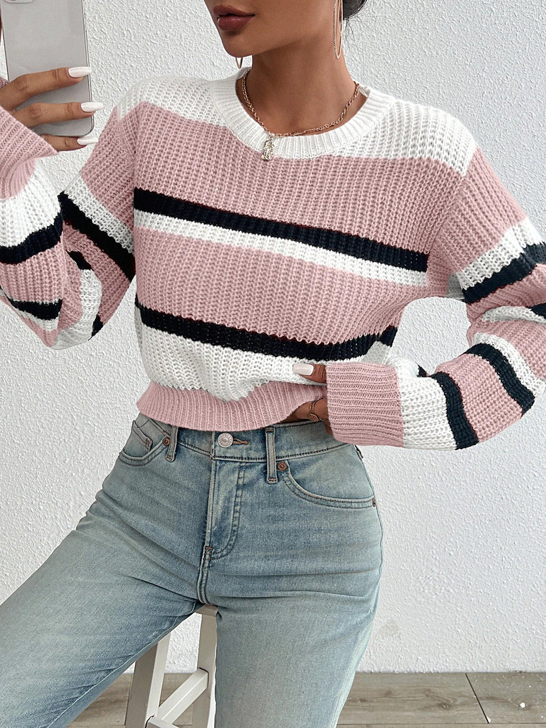 Women's Drop Shoulder Knit Sweater – Cozy Acrylic Blend