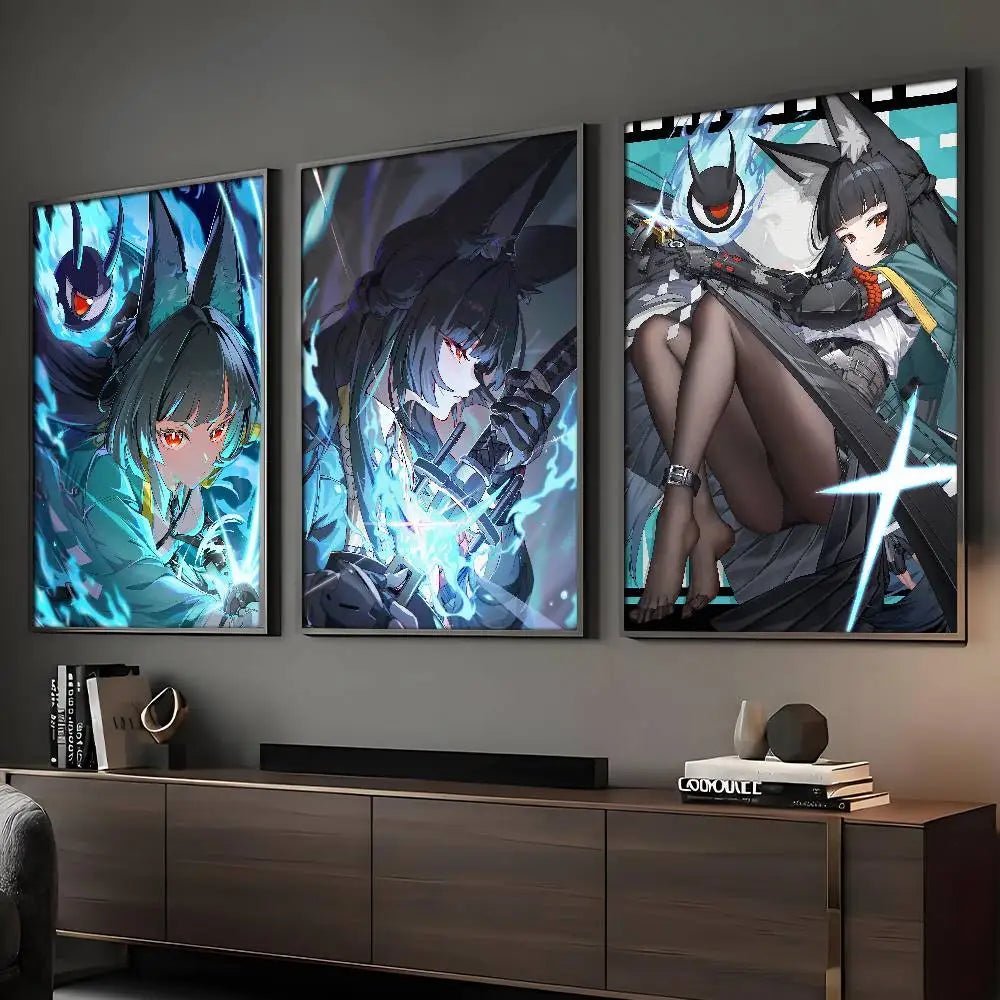 Zenless Zone Zero Hoshimi Miyabi anime character poster hanging on a modern living room wall