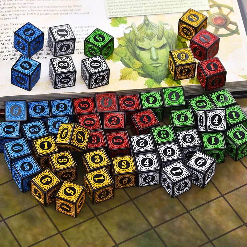 10PCS/Set Acrylic Dice Set D6 Carved Pattern Polyhedron Dice 6-sides Game Dice for RPG Dungeons and Dragons Board Game