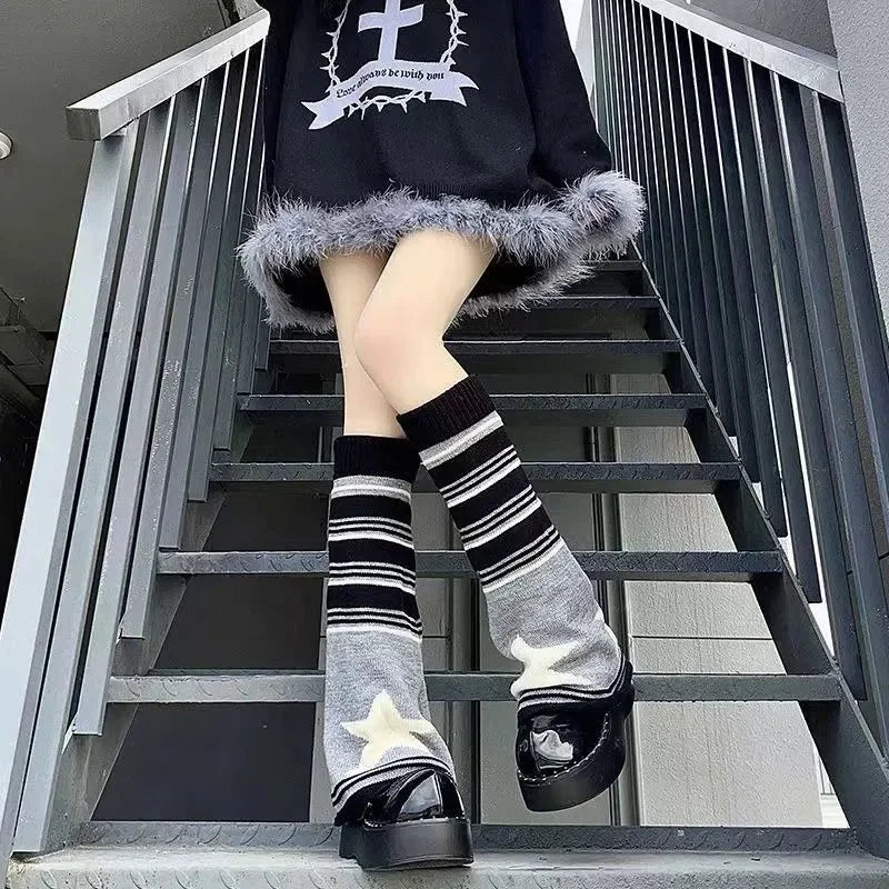 Y2K Punk Knitted Leg Warmers Black White Heart Star Argyle Style - Image 21