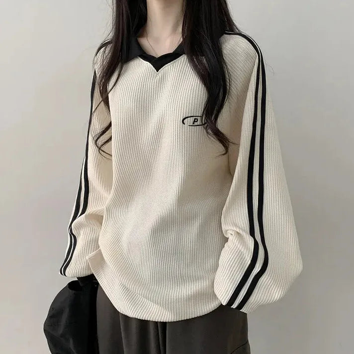 Women Long Sleeve Polo Pullover Sweater Striped Casual Top - Image 7