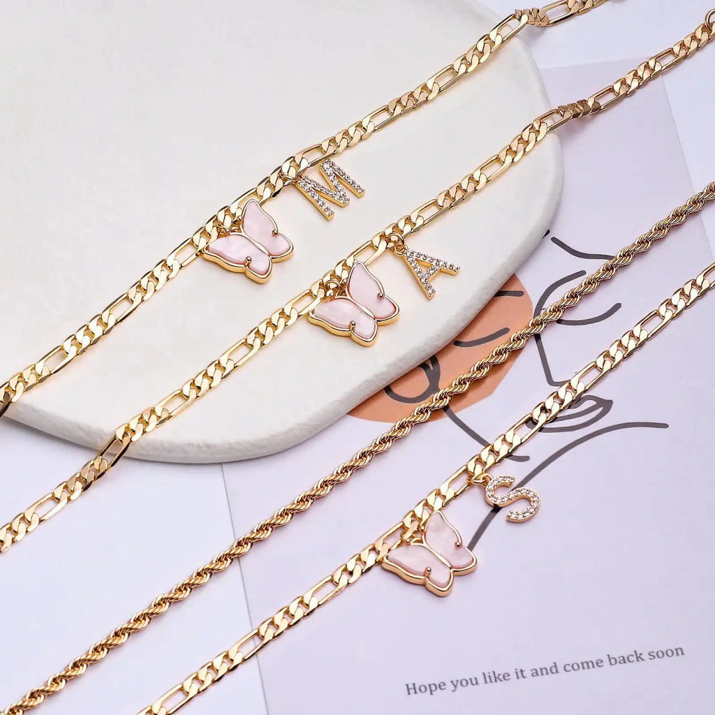 2Pcs Stainless Steel Initial Anklet Set For Women 26 Letter Acrylic Butterfly Charm Chain On Foot Summer Ankle Bracelet Jewelry