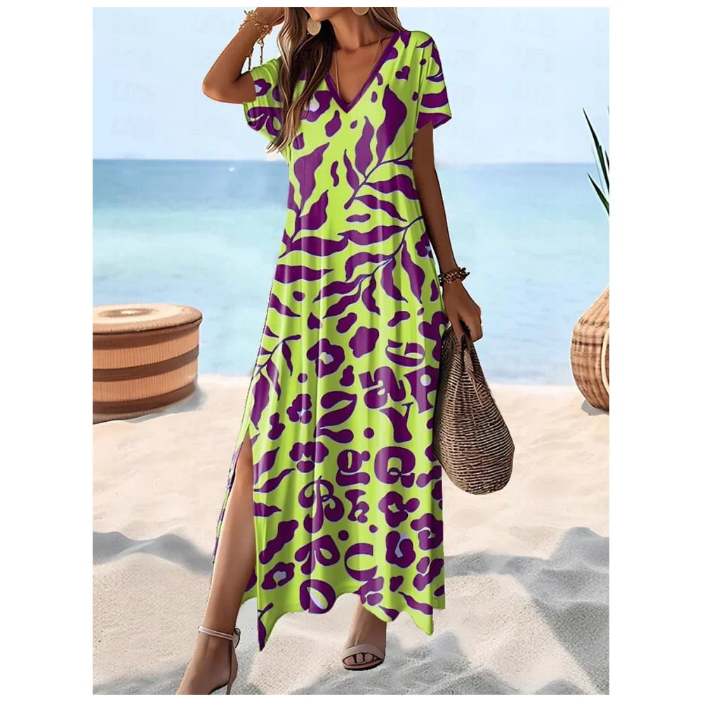 Women's Hawaiian Maxi Dress - Flowy V-Neck Summer