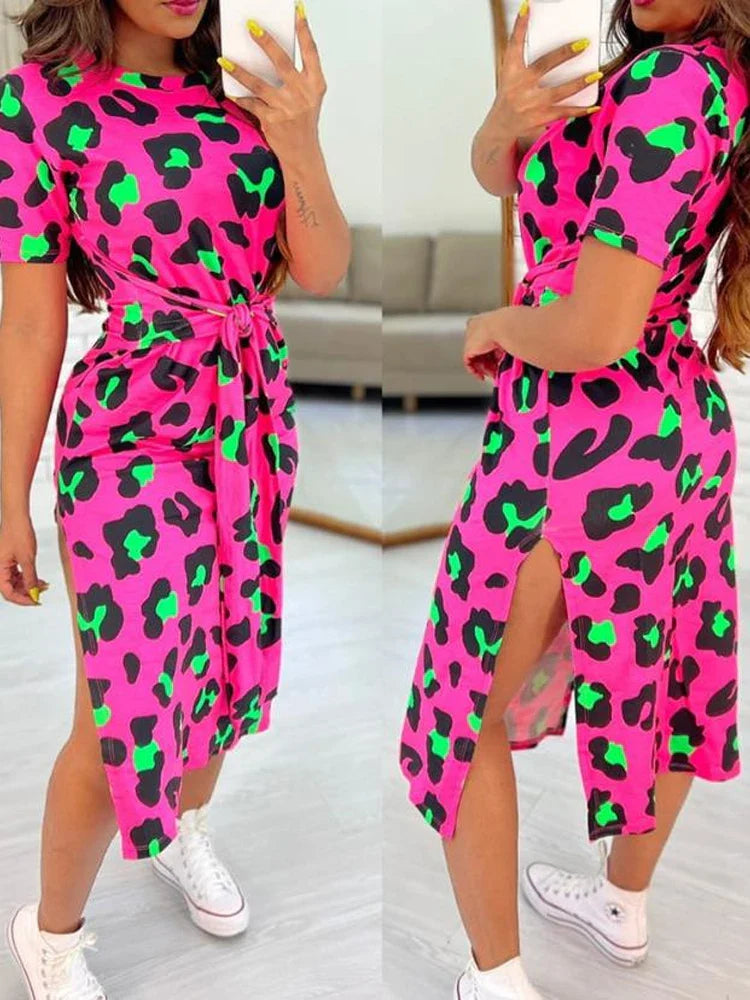 Women's Leopard Print Midi Dress with Side Slit and Tie Waist - Image 3