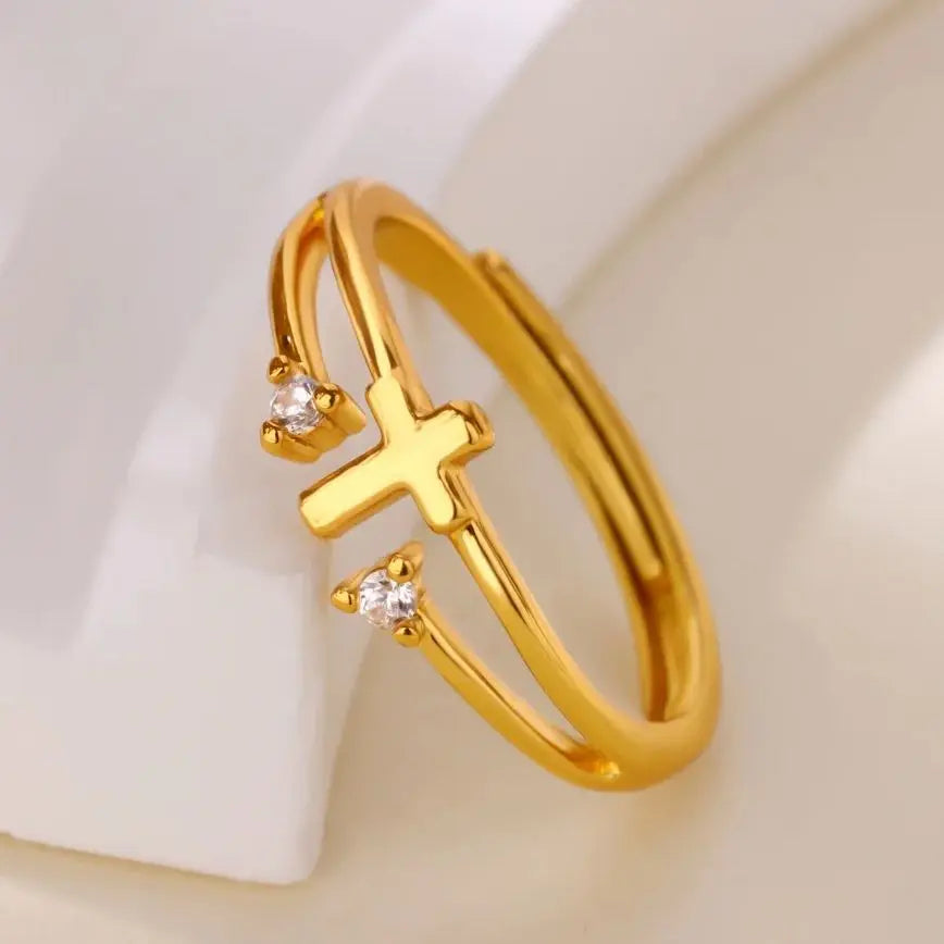 Zircon Cross Rings For Women Gold Color Stainless Steel Crystal Cross Adjustable Ring Religious Wedding Christmas Jewelry Gift