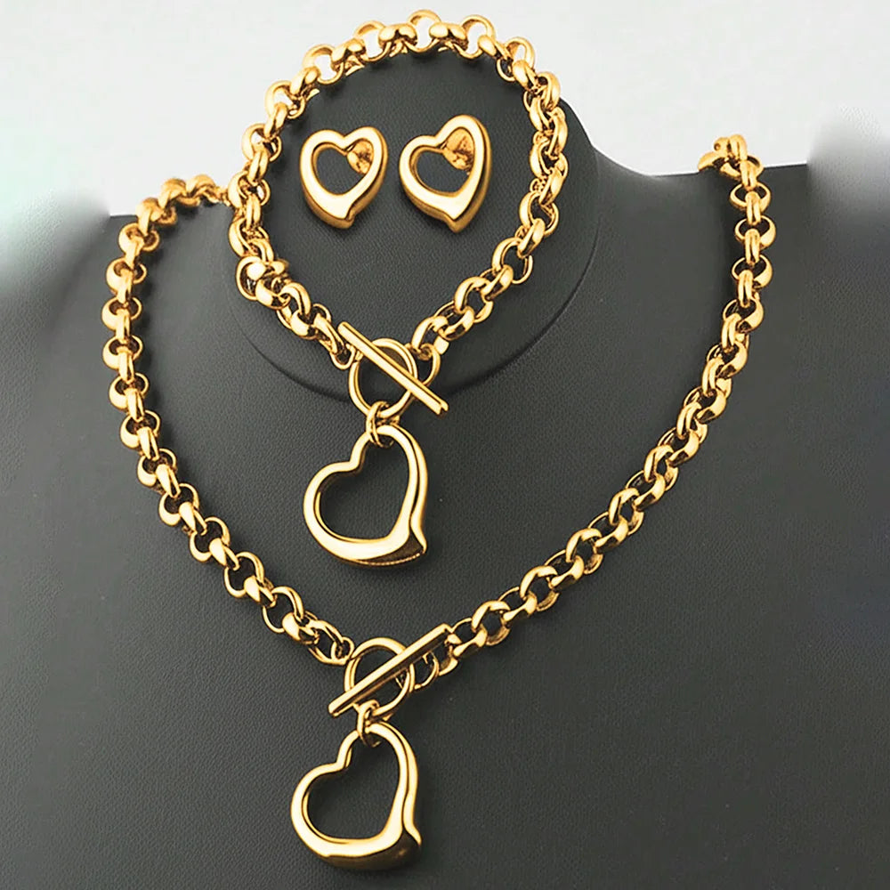 Aomogo Set INS Exquisite Love Fashion Stainless Steel Bracelet Earrings Necklace Pendant Set Women's Daily Goods Party Favors