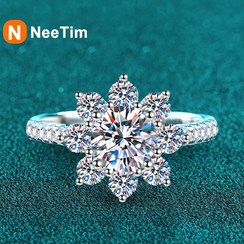 NeeTim 1ct 2ct Moissanite Eternity Ring 925 Sterling Silver with Gold Plated Wedding Flower Lab Diamond Rings For Women Jewelry
