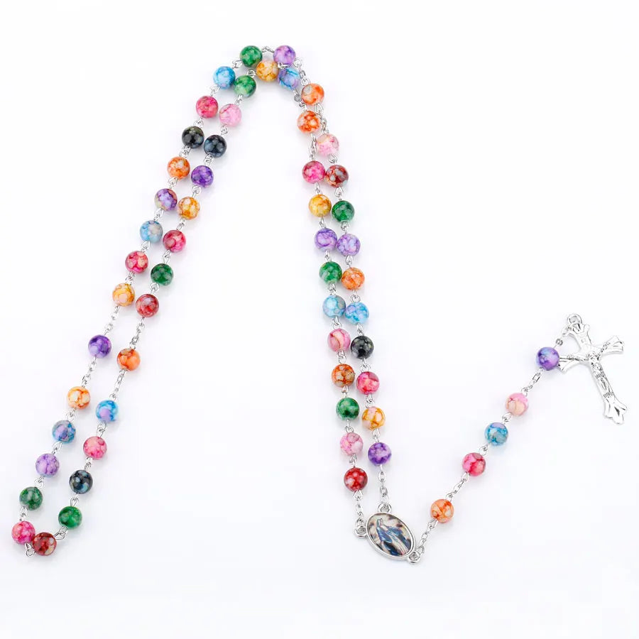 Religion Rosary Prayer Necklace For Women Virgin Mary INRI Cross Pendant Colorful Acrylic Beads Chain Christian Party Jewelry