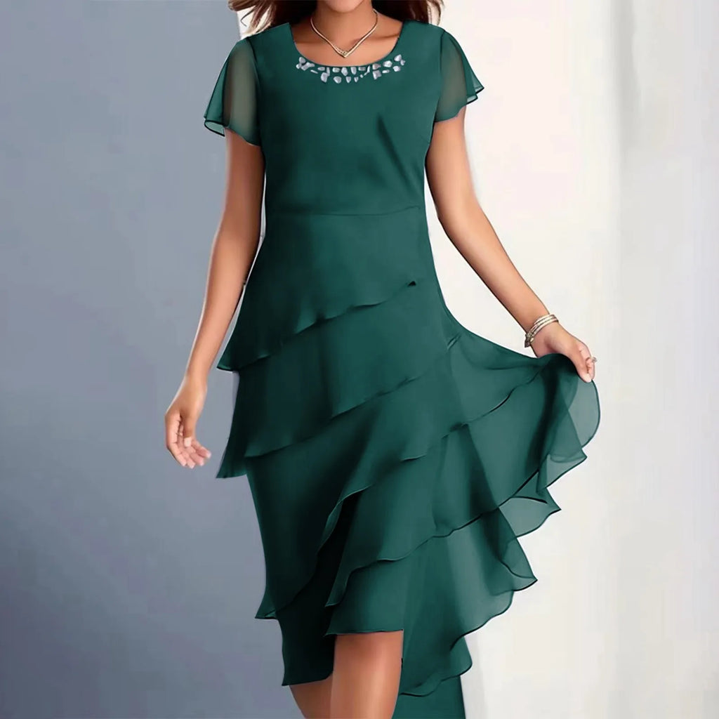 Women's Round Neck Chiffon Layered Midi Dress in Dusty Blue - Image 4