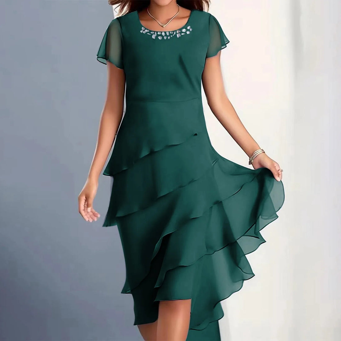 Women's Round Neck Chiffon Layered Midi Dress in Dusty Blue - Image 4